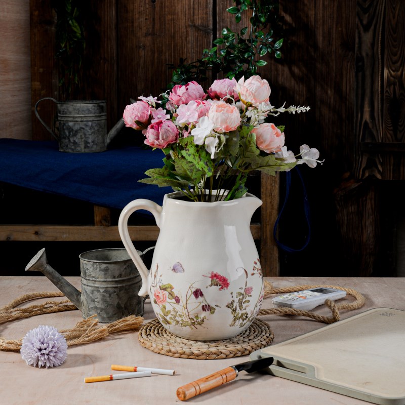 田园风蝶恋花圆肚花壶瓶花瓶摆件客厅插花陶瓷艺术装饰品外销库存