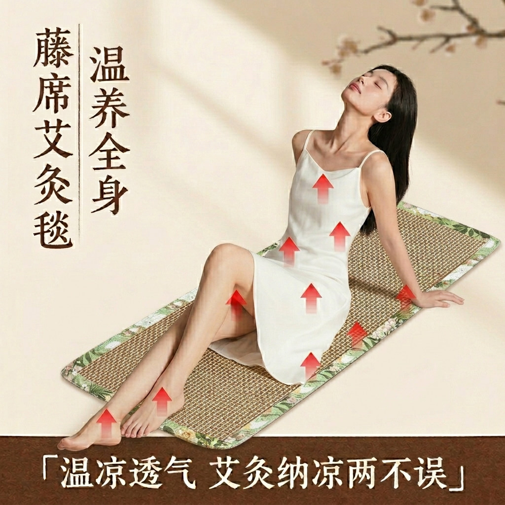 新款藤席艾绒坐毯凉席双面可用亚麻养生坐垫陈年艾绒夏季沙发床垫