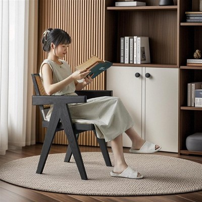 白蜡木实木法式家用餐椅休闲复古设计师扶手椅靠背中古风餐桌椅子