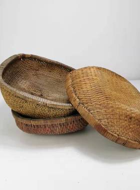 民俗怀旧收藏老物件针线笸箩老式竹F编簸箩老旧农具农家院装饰摆