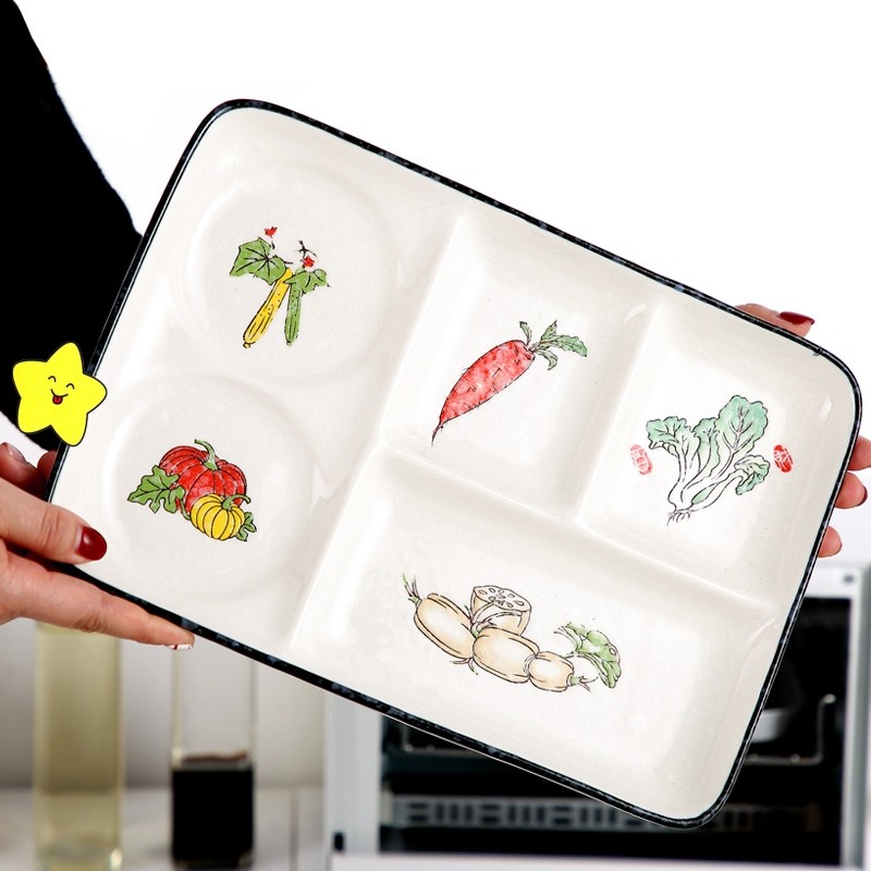 陶瓷分餐盘家用盘子菜盘创意日式分格分隔M盘早餐快餐盘一人食餐