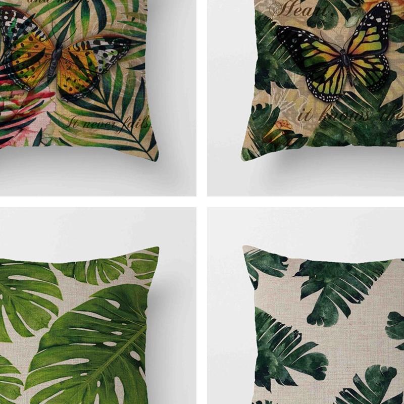热带植物绿叶现代简约加密亚麻印花抱枕套厂家供应不含枕芯