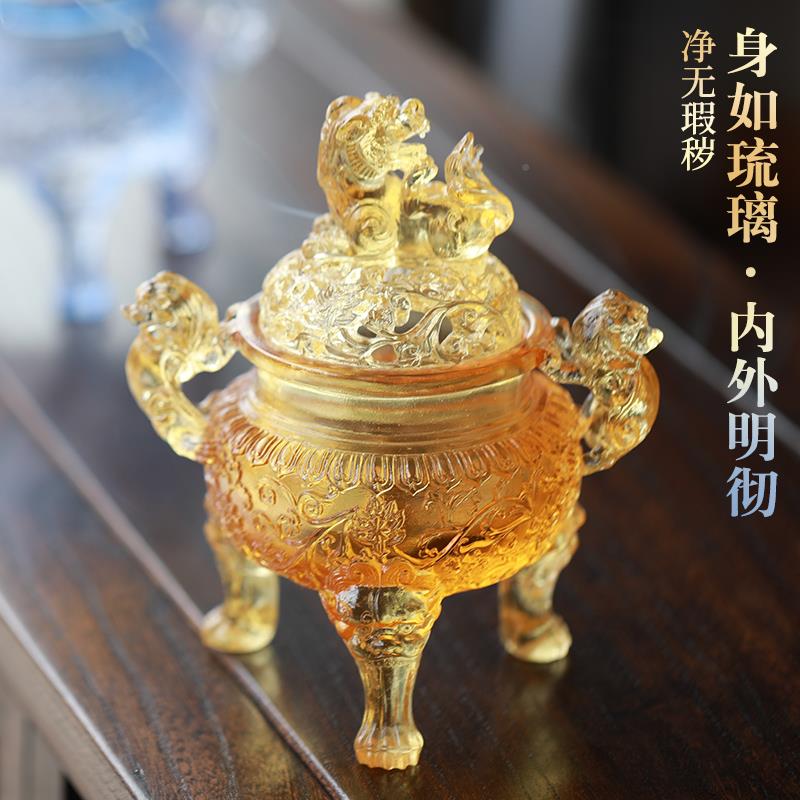 猊狻水晶琉璃祥獅香爐家用室內(nèi)古典大中盤式香薰?fàn)t號創(chuàng)琉璃祥獅意