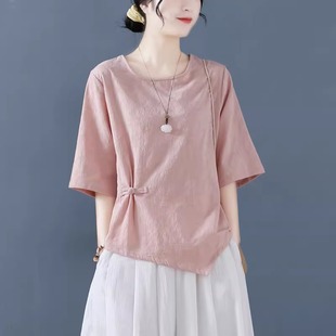 上衣 棉麻短袖 T恤女士夏季 新款 宽松文艺盘扣提花显瘦不规则五分袖