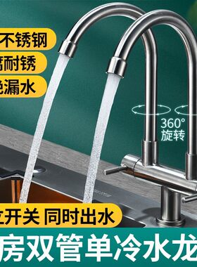 厨房一进二出双龙头一分二单冷双管双出水双头双控水槽水盆洗菜盆