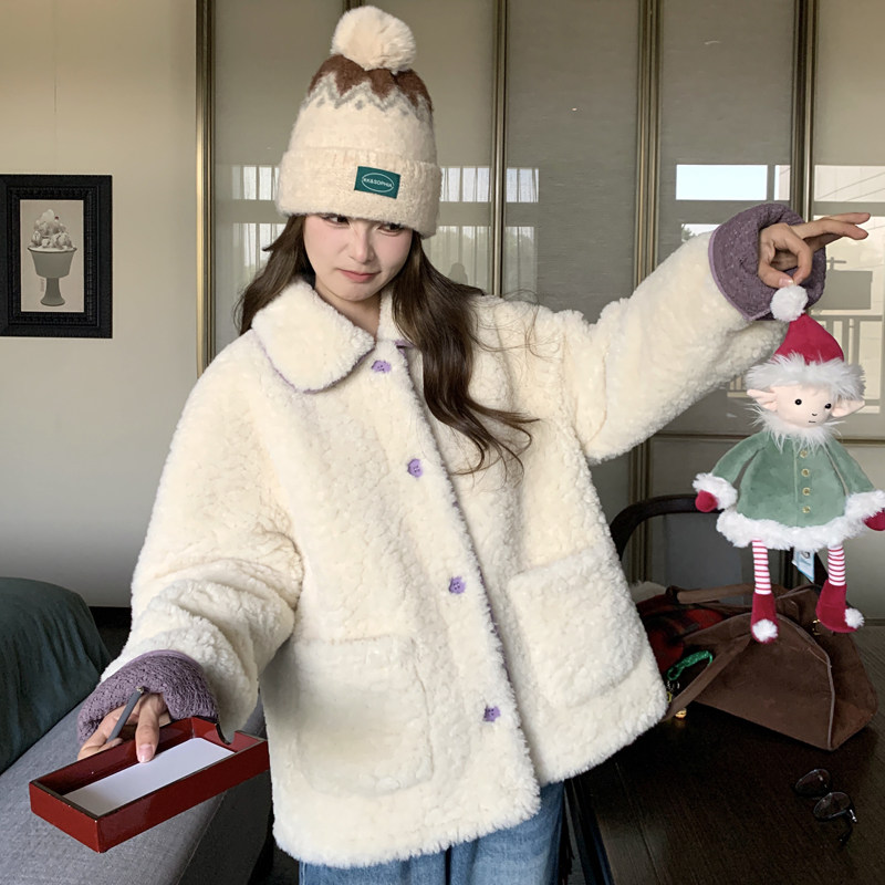 韩系软糯羊羔毛外套女秋冬皮毛一体小个子加厚短款毛毛外套女冬季