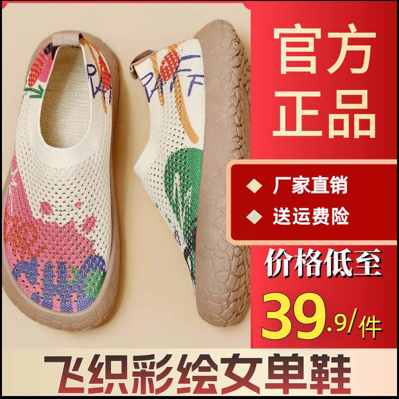 新款透气飞织彩绘女单鞋轻便舒适防滑耐磨一脚蹬印花女鞋日常休闲