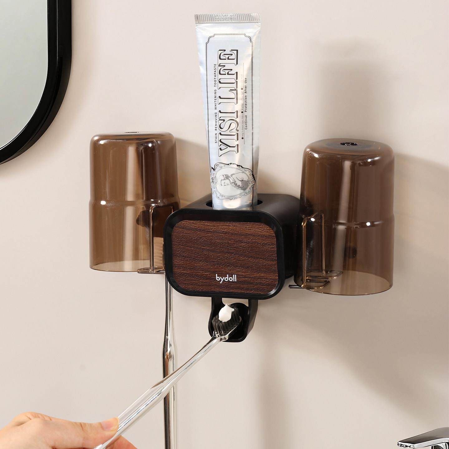 吸盘牙刷牙杯置物架免打孔漱口杯挂架带挤牙膏器壁挂电动牙刷架子