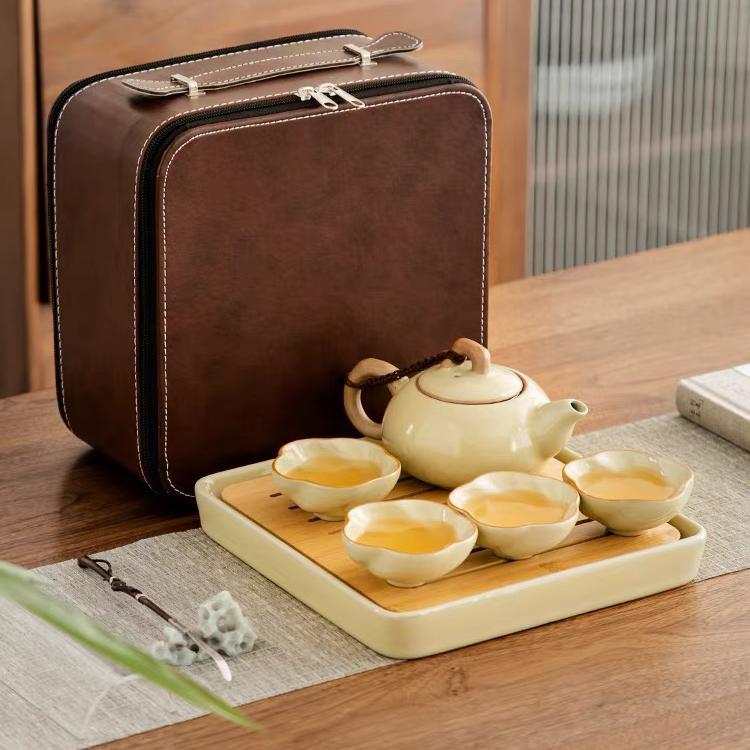 汝窑旅行功夫茶具茶盘便携包式一壶四杯泡茶壶喝茶家用户外小套装