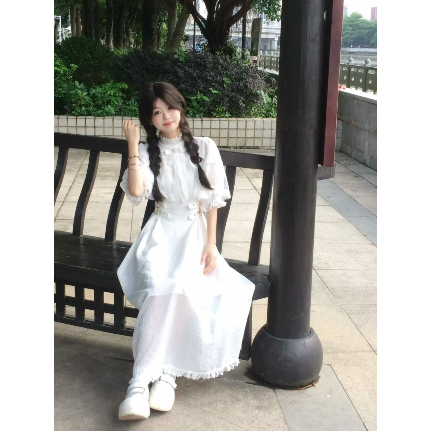 【千金大小姐】日系哥特风亚文化蕾丝拼接蝴蝶结斗篷白色连衣裙女