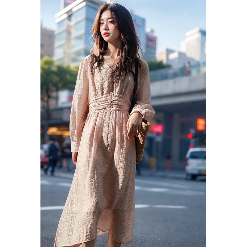 春装法式复古温柔风显瘦气质连衣裙女绿色长裙子小个子