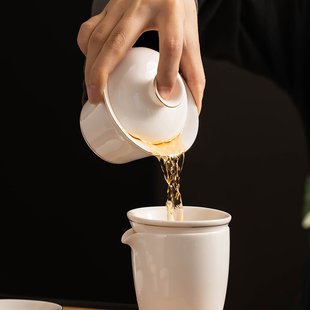 家用客厅轻奢泡茶办公室会客白瓷盖碗茶杯 羊脂玉功夫茶具套装