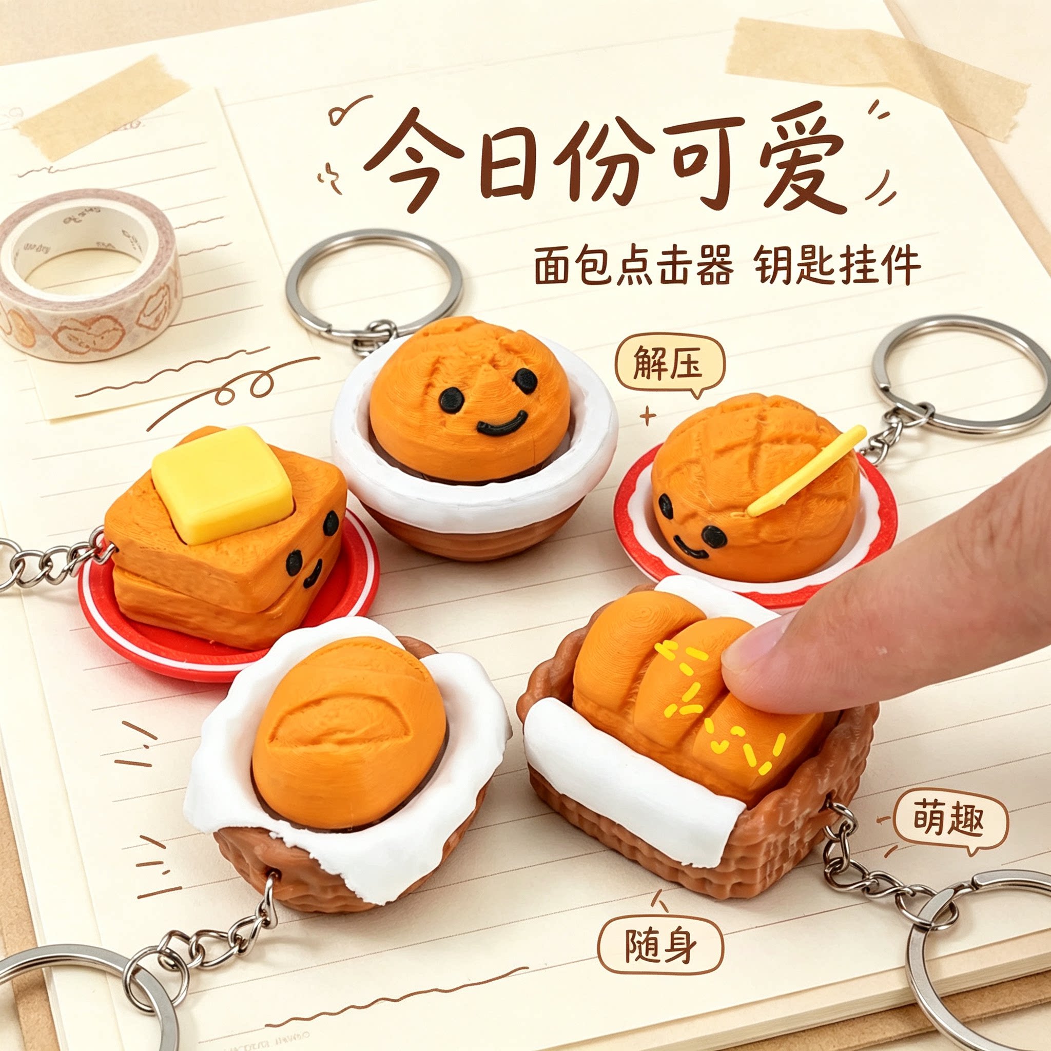 卡通仿真面包点击器3D打印解压玩具按键钥匙扣创意减压趣味挂件