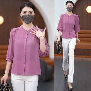 纯色雪纺衬衫 时尚 妈妈装 夏季 遮肉显瘦立领洋气小衫 薄款 大码 七分袖