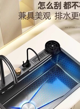 5MM加b厚纳米304不锈钢瀑布水槽大单槽洗菜盆厨房家用左侧排水碗