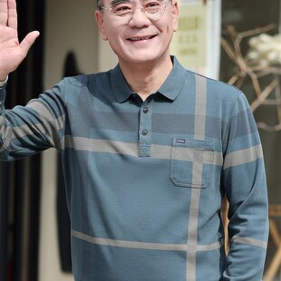 爸爸春装上衣长袖丝光棉格纹美式复古t恤老头衫60-70岁老年人男装