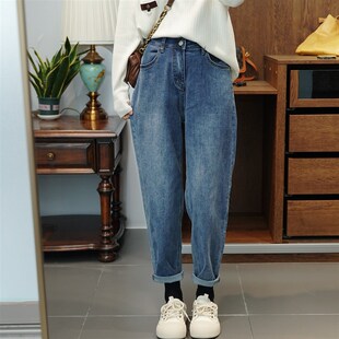 牛仔裤 秋季 胖mm松紧高腰哈伦裤 大码 口袋高弹显瘦裤 时尚 韩版 子 女装