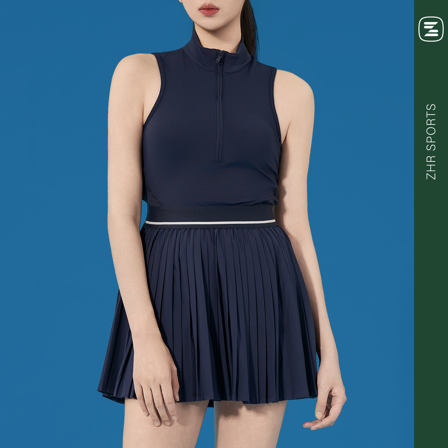 ZHRSPORTS运动裙子套装2025新款羽毛球服无袖翻领网球裙连衣裙女