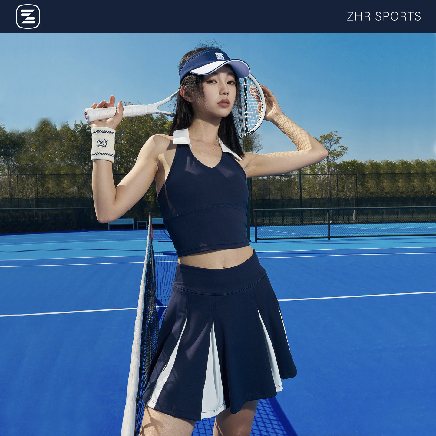 ZHRSPORTS高尔夫女装夏季翻领镂空上衣背心撞色两件套网球裙套装