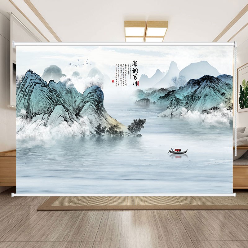 定制中式水墨山水画窗帘办公室茶舍风景挂画隔断遮阳防晒拉珠卷帘
