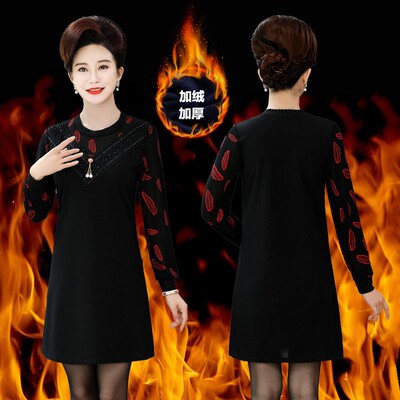 中老年宽松短款秋冬连衣裙中年妈妈加厚中长款打底衫女士保暖上衣