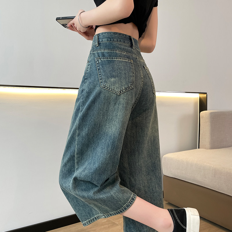 阔腿牛仔裤女八分夏季薄款2023年高腰显瘦休闲七分小个子直筒裤子