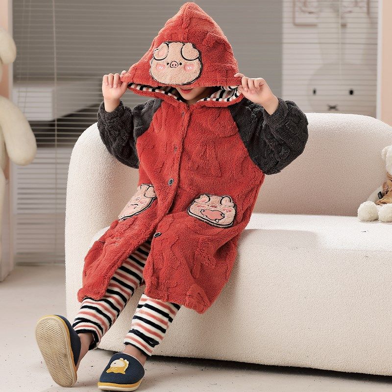 男童睡衣秋冬季2023新款冬款珊瑚绒长款加厚款儿童男孩法兰绒睡袍