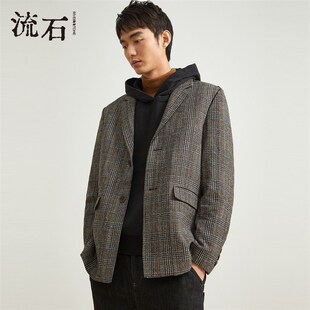流石男装秋装时尚高端格子西装外套男士秋冬季新款设计感羊毛西服