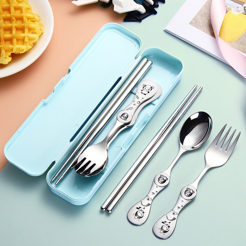 316L不锈钢勺子叉子筷子四件套便携餐具套装生肖卡通勺牛排水果叉
