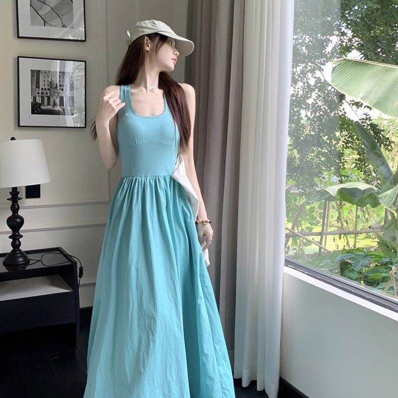 蓝色甜美海边度假沙滩裙无袖背心长裙收腰显瘦针织拼接吊带连衣裙,女装/女士精品,真丝上装,淘宝优惠券,粉丝福利购,淘宝优惠卷