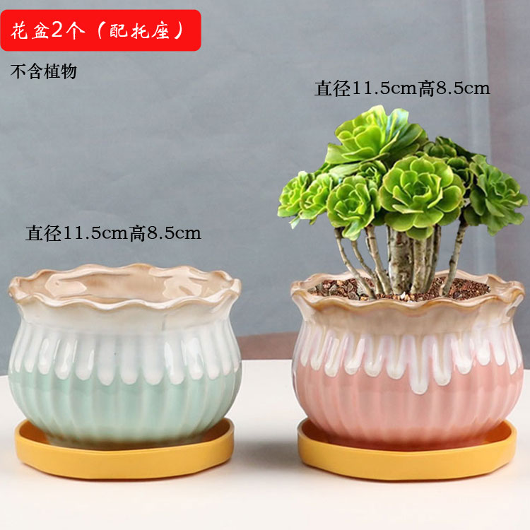 多肉花盆陶瓷圆形简约创意个性透气室内家用小绿植盆栽摆件带托盘
