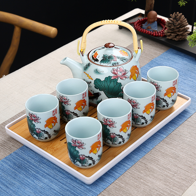 大号提梁壶茶具套装家用酒店餐厅陶瓷复古青花茶壶茶杯整套带托盘