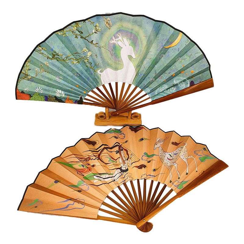 甘肃敦煌文创特色团扇舞蹈汉服扇子中国风蒲扇折扇长柄装饰流苏扇