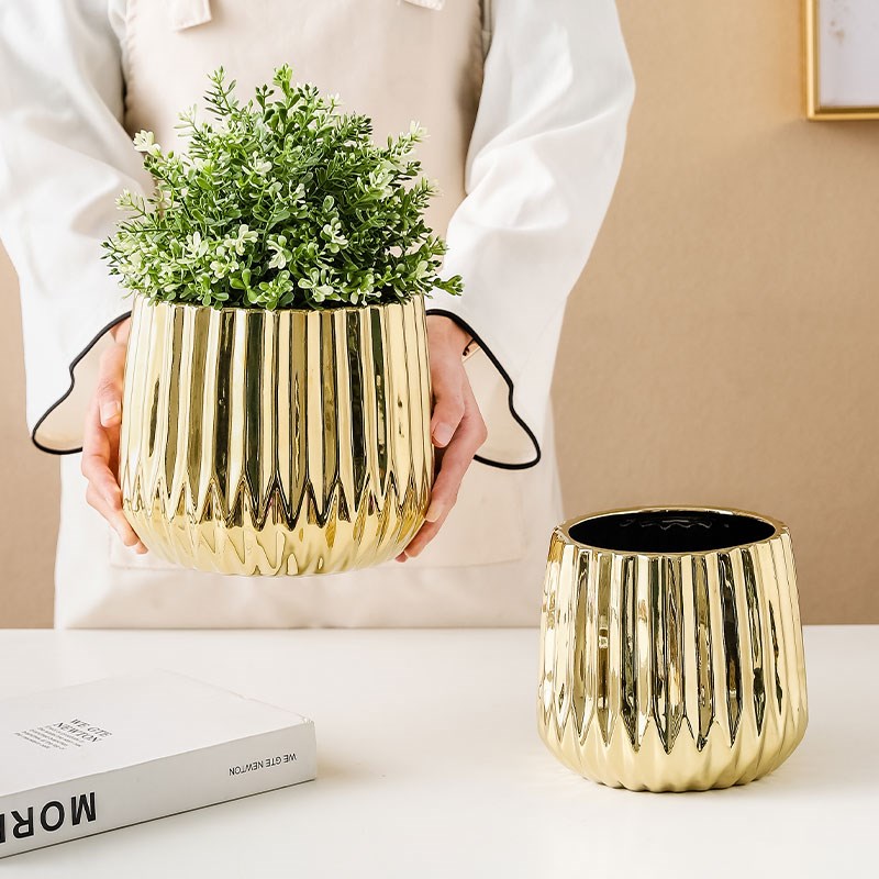 金色陶瓷花盆创意条形蝴蝶兰花盆无孔水培插花干花银柳北欧轻奢