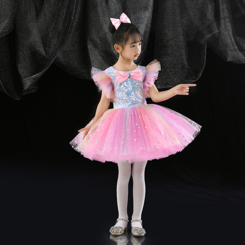 新款女童蓬蓬纱裙演出服儿童亮片公主裙女孩粉可爱舞蹈服走秀礼服