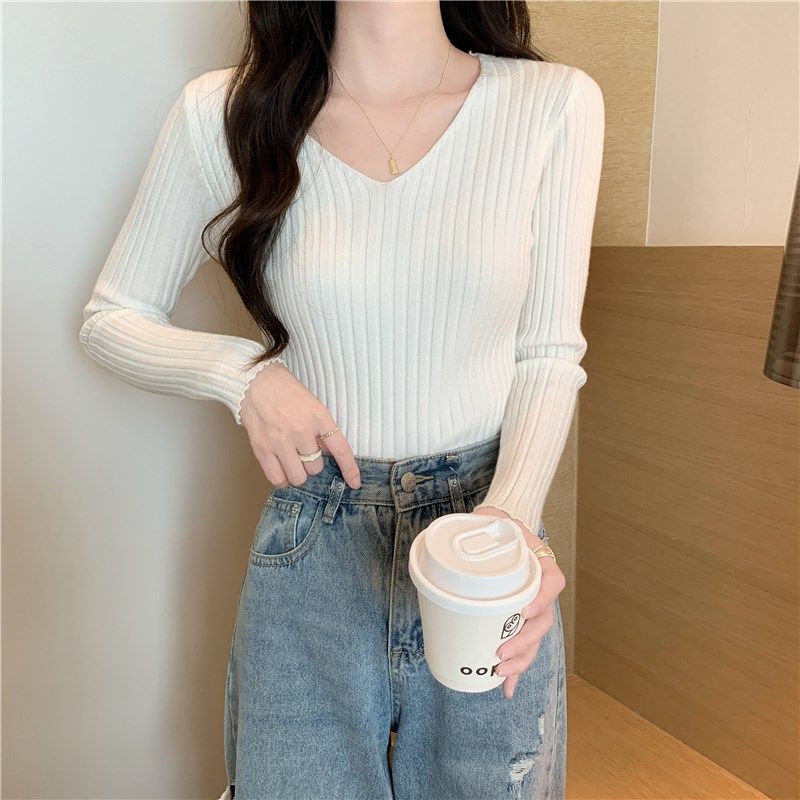 黑色毛衣女士长袖打底衫上衣秋冬新款v领百搭修身显瘦内搭针织衫,女装/女士精品,毛针织衫,淘宝优惠券,粉丝福利购,淘宝优惠卷