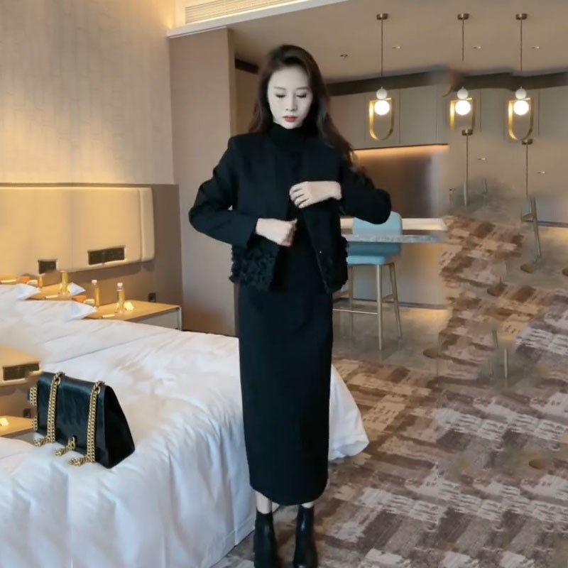 2025秋冬新款高级感时尚套装女花边外套西服中长款半身裙两件套潮