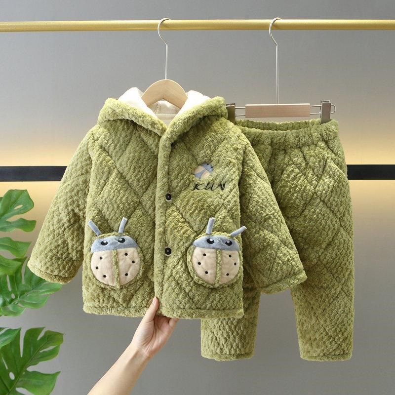 冬款儿童睡衣加厚夹棉卡通套装男孩子中小童珊瑚绒卡通家居服连帽