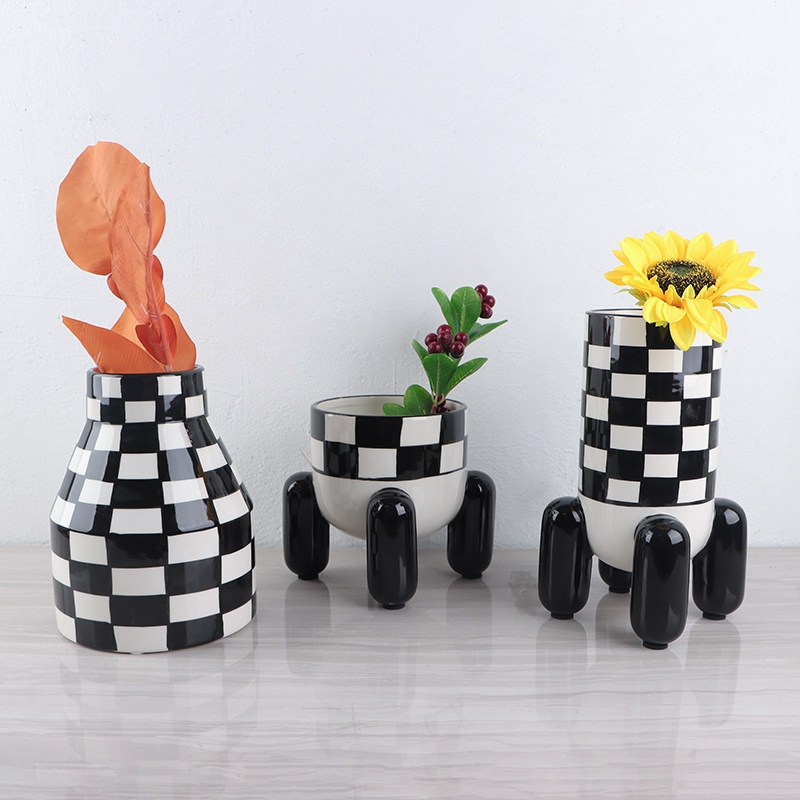 北欧简约创意陶瓷黑白格子花瓶摆件样板间客厅电视柜花器摆设装饰,家居饰品,花瓶,淘宝优惠券,粉丝福利购,淘宝优惠卷