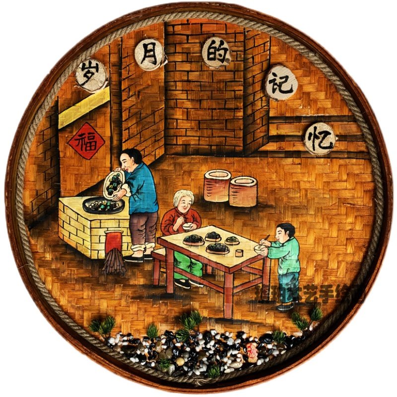 手工绘画圆形簸箕复古怀旧竹编制品民宿农家乐餐厅墙面墙壁装饰画,家居饰品,工艺画,淘宝优惠券,粉丝福利购,淘宝优惠卷