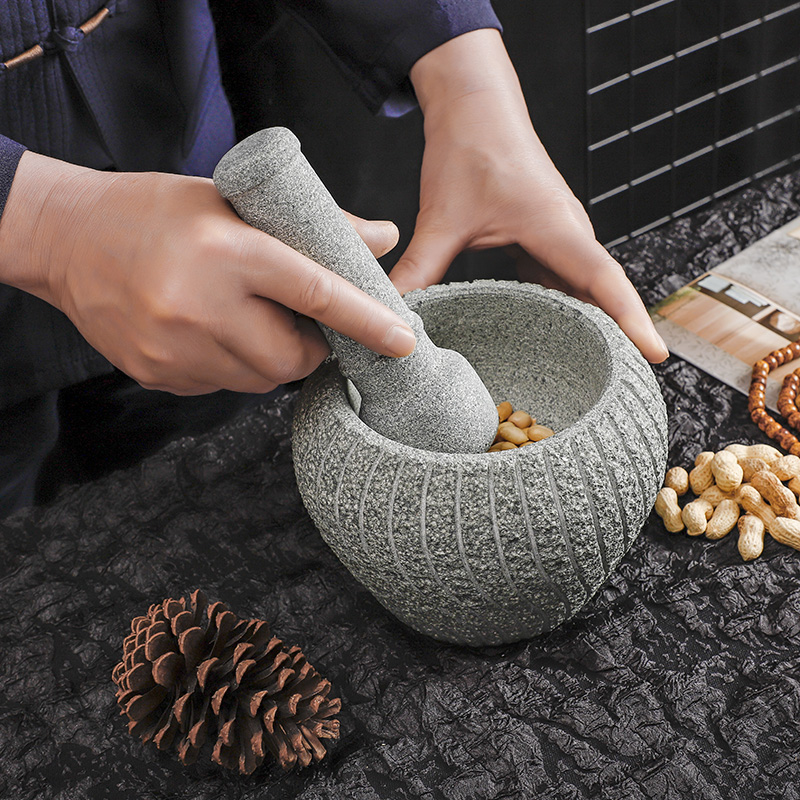 天然青石捣蒜器石臼家用捣药罐研磨器蒜石臼子剥蒜器压蒜器蒜臼子