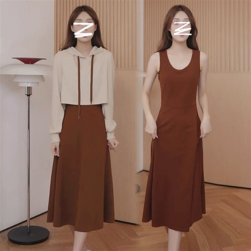 短款针织连帽上衣外套显瘦吊带裙套装女2024春秋新款小个子两件套