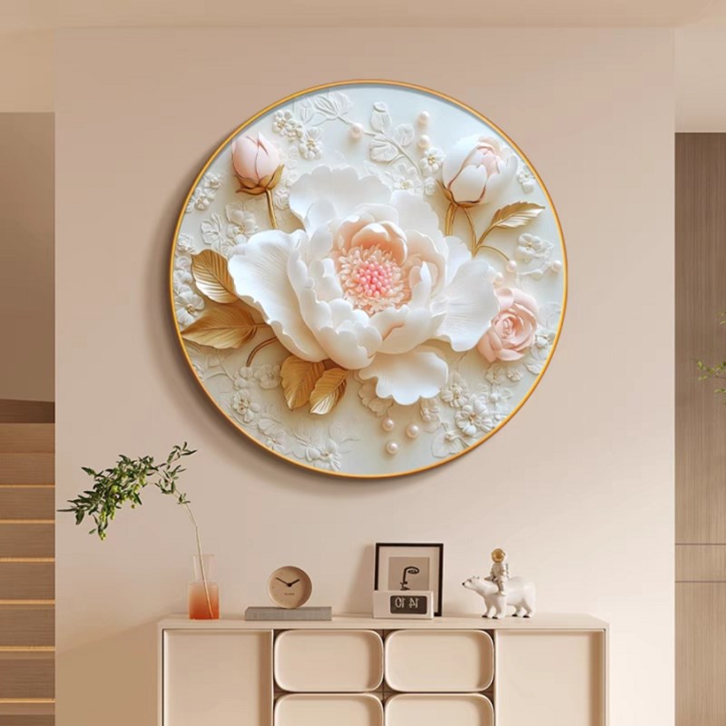 牡丹花圆形挂画奶油风客厅装饰画高级感玄关画花开富贵卧室床头画图片