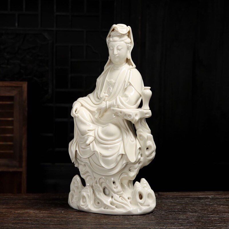 陶瓷摆饰《坐岩自在观音菩萨像》王秋芳雕塑观世音菩萨佛像
