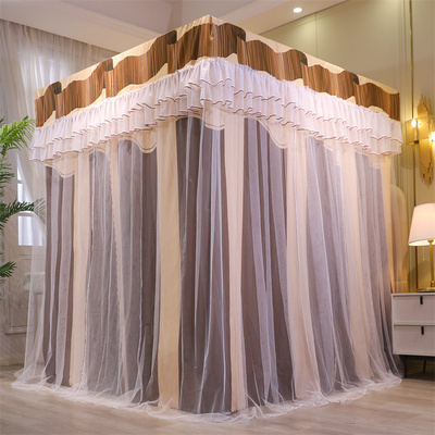 加密加厚宫廷落地床帘蚊帐遮光拼色布帘一体式钢支架床幔带防尘顶