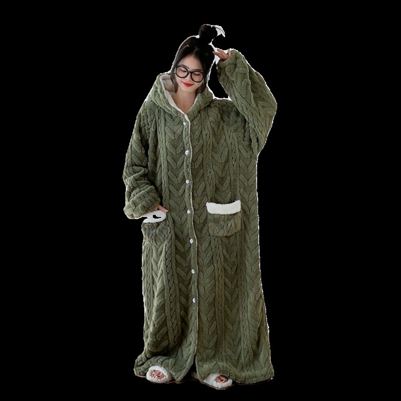 加长款连帽长袍睡衣女200斤冬季大码珊瑚绒睡袍冬天加厚加绒浴袍