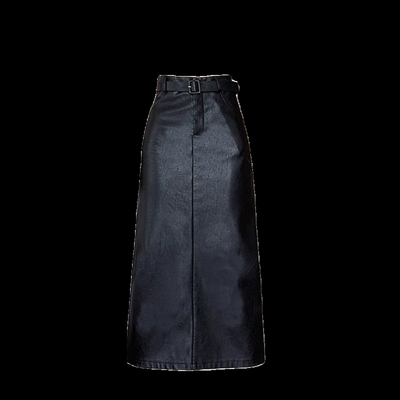 中长款后开叉pu皮裙半身裙女秋季大码胖mm高腰显瘦a字一步包臀裙