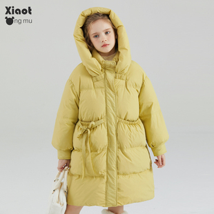 小童木 浆果色女童羽绒服冬季新款加厚连帽女大童中长版羽绒外套