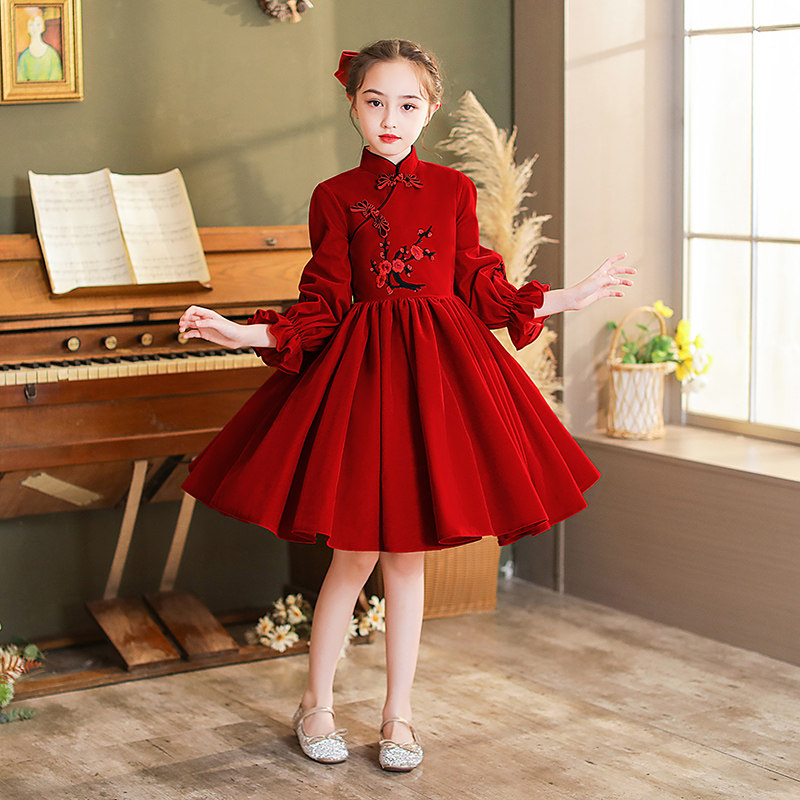 儿童生日公主裙红色花童小女孩主持人晚礼服女童中国风演出服冬季