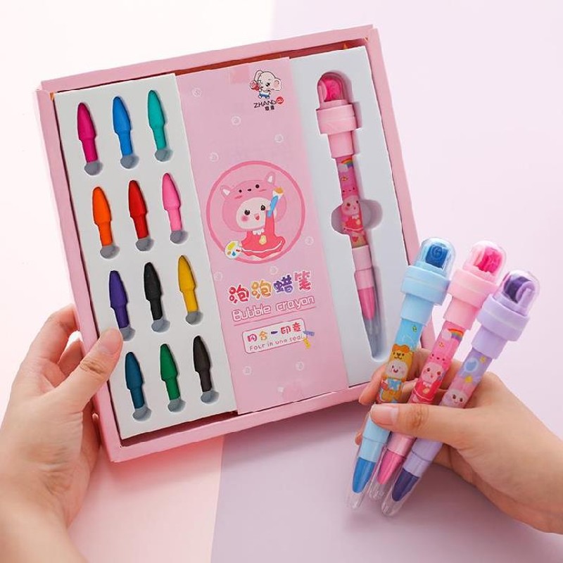 带印章吹泡泡的儿童水彩笔婴幼儿灯光滚动写字创意蓝色滚轮式补色